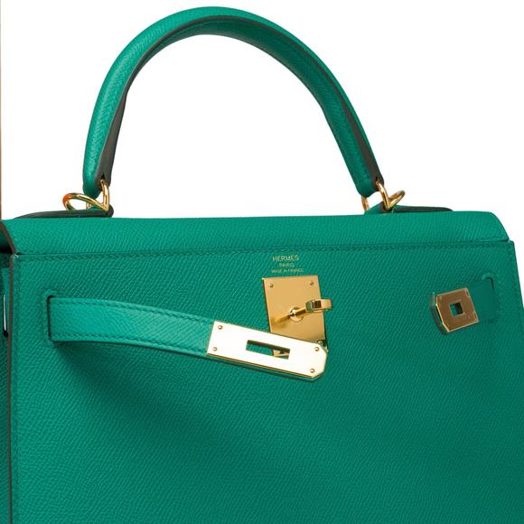 HERMES New Kelly 28 sellier handbag strap in Vert Jade Epsom leather, GHW - Picture 7 of 12